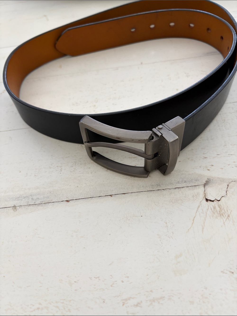 Men's Reversible Black and Tan Leather Belt with Brushed Metal Buckle